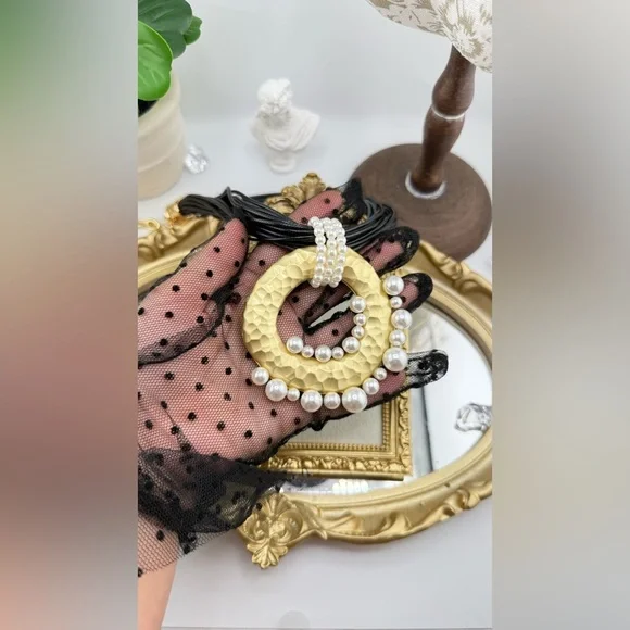 Statement Pendant Necklace | Multi-Strand Black Cord with Gold & Pearl Accents - Picture 7 of 12